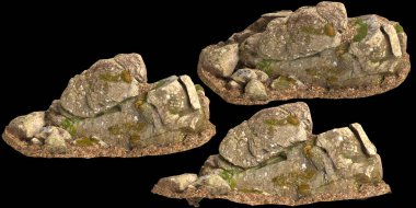 Siyah arka planda yosun kaplı kayaların yosun rafına yerleştirilmiş 3D çizimi