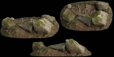 Siyah arka planda yosun kaplı kayaların yosun rafına yerleştirilmiş 3D çizimi