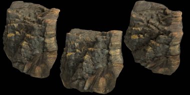 Siyah arkaplanda izole edilmiş kayalık kayalıkların 3d çizimi