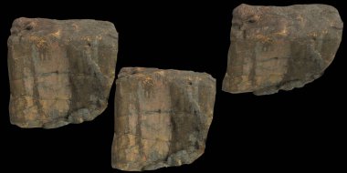 Siyah arkaplanda izole edilmiş kayalık kayalıkların 3d çizimi