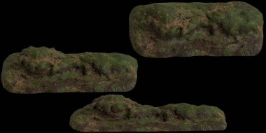 Siyah arkaplanda izole edilmiş kuru ve nemli yosunlu toprağın üç boyutlu çizimi