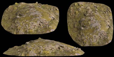 Siyah arka planda yosun kaplı kayaların yosun rafına yerleştirilmiş 3D çizimi