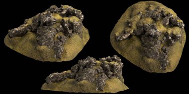 Siyah arka planda yosun kaplı kayaların yosun rafına yerleştirilmiş 3D çizimi