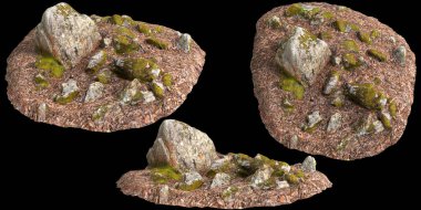 Siyah arka planda kuru yapraklara sabitlenmiş yosun kaplı kayaların üç boyutlu çizimi