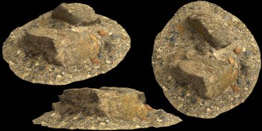 Siyah zemin üzerinde izole edilmiş çakıl rafındaki kayaların 3D çizimi