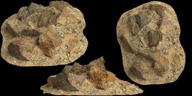 Siyah zemin üzerinde izole edilmiş çakıl rafındaki kayaların 3D çizimi