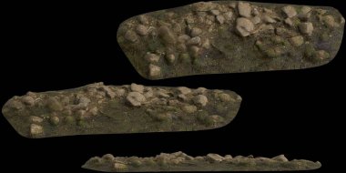 Siyah arka planda yosun kaplı kayaların yosun rafına yerleştirilmiş 3D çizimi