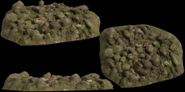 Siyah arka planda yosun kaplı kayaların yosun rafına yerleştirilmiş 3D çizimi