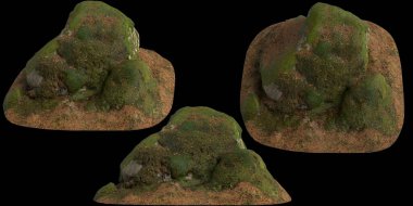 3 boyutlu yosun kaplı kayaların, siyah arka planda izole bir şekilde yere yerleştirilmesi.