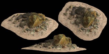 Siyah zemin üzerinde izole edilmiş çakıl rafındaki kayaların 3D çizimi