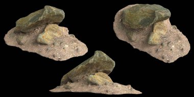 Siyah zemin üzerinde izole edilmiş çakıl rafındaki kayaların 3D çizimi