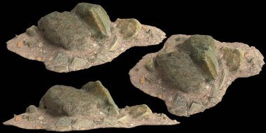 Siyah zemin üzerinde izole edilmiş çakıl rafındaki kayaların 3D çizimi