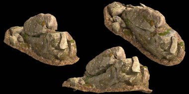 Siyah arka planda kuru yapraklara sabitlenmiş yosun kaplı kayaların üç boyutlu çizimi