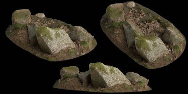 Siyah arka planda yosun kaplı kayaların yosun rafına yerleştirilmiş 3D çizimi