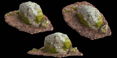 Siyah arka planda kuru yapraklara sabitlenmiş yosun kaplı kayaların üç boyutlu çizimi