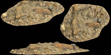 Siyah zemin üzerinde izole edilmiş çakıl rafındaki kayaların 3D çizimi