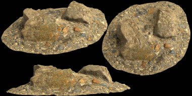 Siyah zemin üzerinde izole edilmiş çakıl rafındaki kayaların 3D çizimi