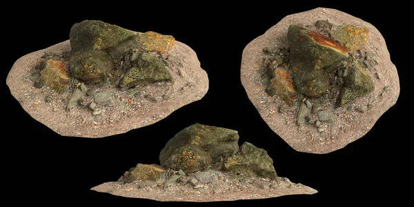 3D在黑色背景上隔离的砾石架子上的岩石图解 — 图库照片