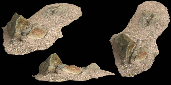 黒の背景に隔離された砂利棚の上の岩の3Dイラスト — ストック写真