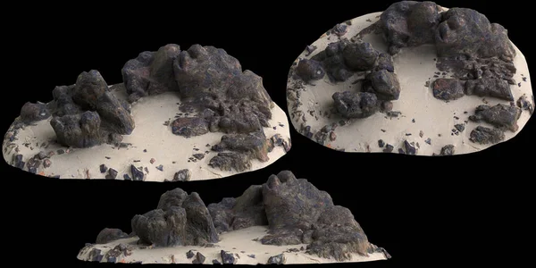 stock image 3d illustration of rocks on sand isolated on black background