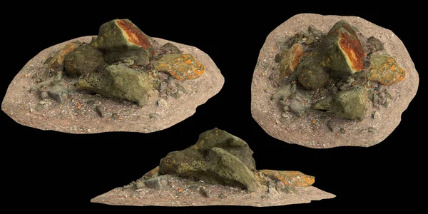 3D在黑色背景上隔离的砾石架子上的岩石图解 — 图库照片