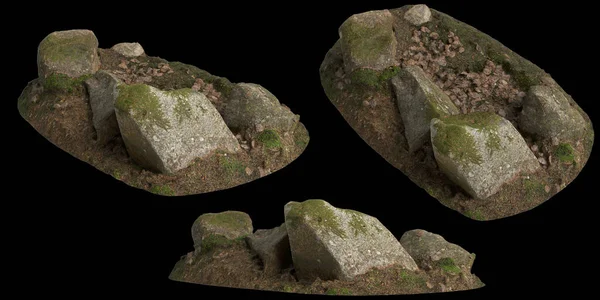 Siyah arka planda yosun kaplı kayaların yosun rafına yerleştirilmiş 3D çizimi