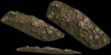 Siyah arka planda yosun kaplı kayaların yosun rafına yerleştirilmiş 3D çizimi