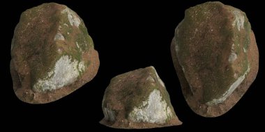 Siyah arka planda yosun kaplı kayaların yosun rafına yerleştirilmiş 3D çizimi