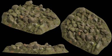 Siyah arka planda yosun kaplı kayaların yosun rafına yerleştirilmiş 3D çizimi