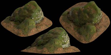 Siyah arka planda kuru yapraklara sabitlenmiş yosun kaplı kayaların üç boyutlu çizimi