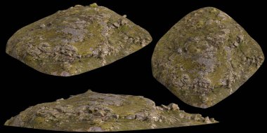 Siyah arka planda yosun kaplı kayaların yosun rafına yerleştirilmiş 3D çizimi