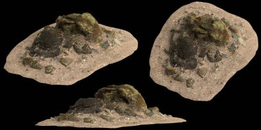 Çakıl taşı rafındaki kayaların 3 boyutlu çizimi siyah arkaplan görünümünde izole edilmiş