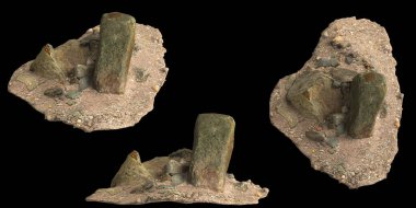 Çakıl taşı rafındaki kayaların 3 boyutlu çizimi siyah arkaplan görünümünde izole edilmiş