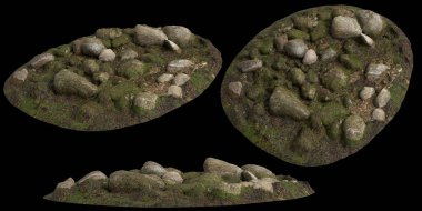 Siyah arka planda yosun kaplı kayaların yosun rafına yerleştirilmiş 3D çizimi