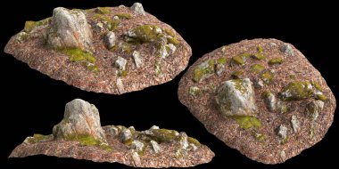 Siyah arka planda kuru yapraklara sabitlenmiş yosun kaplı kayaların üç boyutlu çizimi