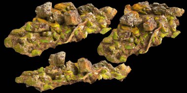 Siyah arka planda yosun kaplı kayaların yosun rafına yerleştirilmiş 3D çizimi