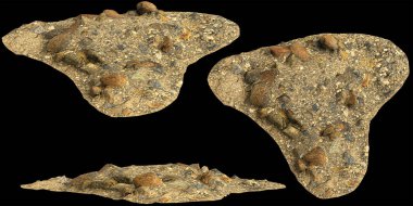 Siyah zemin üzerinde izole edilmiş çakıl rafındaki kayaların 3D çizimi