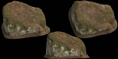 Siyah arka planda yosun kaplı kayaların yosun rafına yerleştirilmiş 3D çizimi