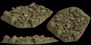 Siyah arka planda yosun kaplı kayaların yosun rafına yerleştirilmiş 3D çizimi