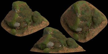 Beyaz arka planda kuru yaprakların üzerine kurulmuş 3 boyutlu yosun kaplı kayalar.