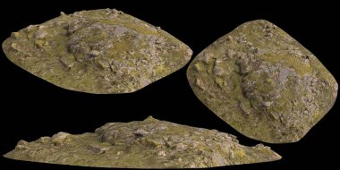 Siyah arka planda yosun kaplı kayaların yosun rafına yerleştirilmiş 3D çizimi