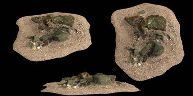 Siyah zemin üzerinde izole edilmiş çakıl rafındaki kayaların 3D çizimi