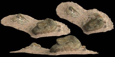 Siyah zemin üzerinde izole edilmiş çakıl rafındaki kayaların 3D çizimi