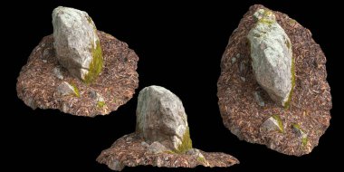 Siyah arka planda kuru yapraklara sabitlenmiş yosun kaplı kayaların üç boyutlu çizimi