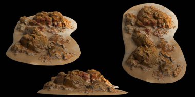 Kum rafındaki kayaların siyah arka planda izole edilmiş 3D çizimi