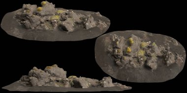 Siyah zemin üzerinde izole edilmiş çakıl rafındaki kayaların 3D çizimi
