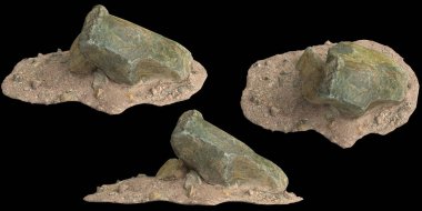 Siyah zemin üzerinde izole edilmiş çakıl rafındaki kayaların 3D çizimi