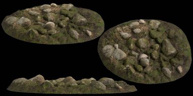 Siyah arka planda yosun kaplı kayaların yosun rafına yerleştirilmiş 3D çizimi