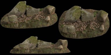 Siyah arka planda yosun kaplı kayaların yosun rafına yerleştirilmiş 3D çizimi