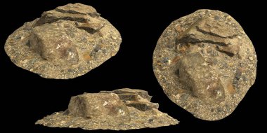 Siyah zemin üzerinde izole edilmiş çakıl rafındaki kayaların 3D çizimi